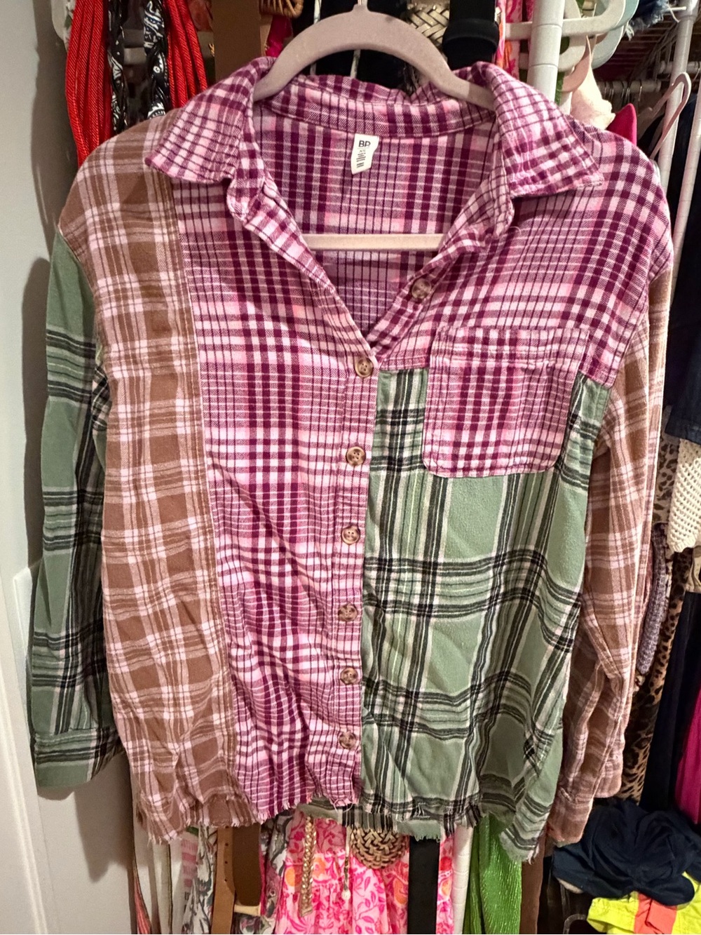 Nordstrom Girls Patchwork Plaid Button-Down Shirt in Pink, Green, Brown